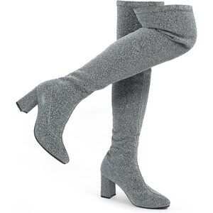 🆕HaHawkwell Women Silver Chunky Thigh High Over Knee High heel Boots Pointy toe